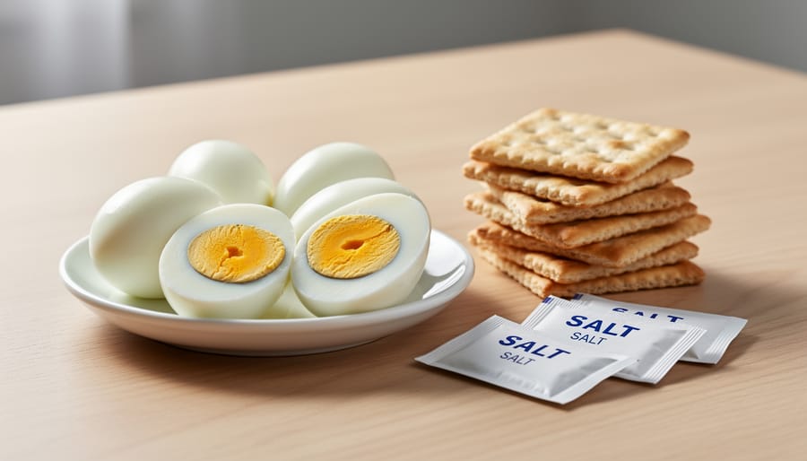 Hard-boiled eggs in shells with whole grain crackers and salt packets arranged for a camp lunch