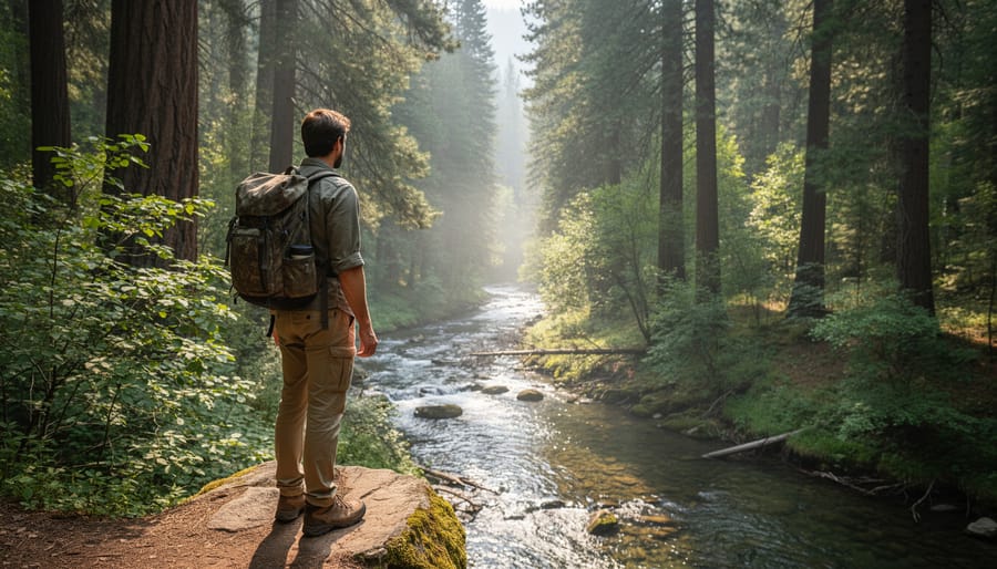 Hiker standing by a forest creek looking toward conifer trees and distant mountain silhouettes.