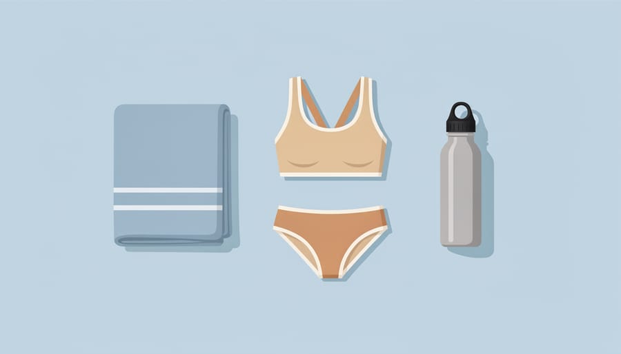 Towel, swimwear, and reusable water bottle prepared on a picnic table at a campground