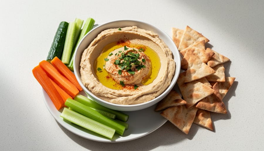 Hummus cups with carrot, cucumber, and pepper sticks and pita chips arranged on a lunch tray