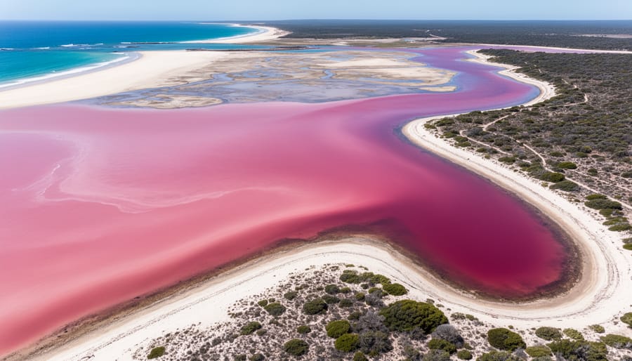 Aerial view of Hutt Lagoon showing vivid pink water and a curved shoreline