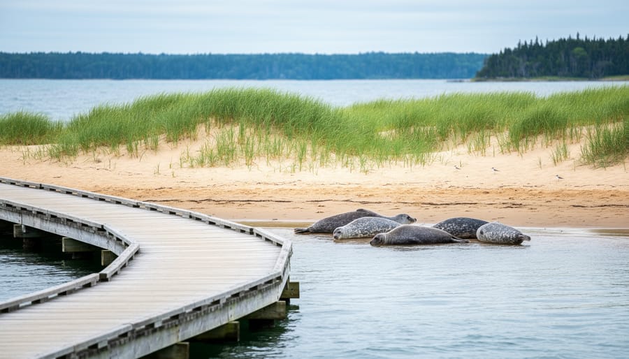 Coastal view of Kouchibouguac National Park with a salt marsh boardwalk, sand dunes, and harbour seals on the beach near the Northumberland Strait.