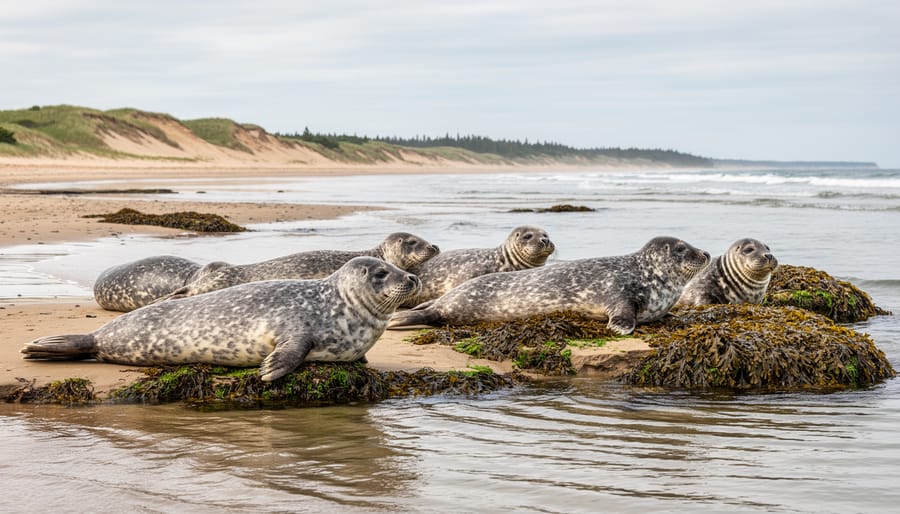 Grey seal resting on wet sand near the shoreline at Kouchibouguac National Park