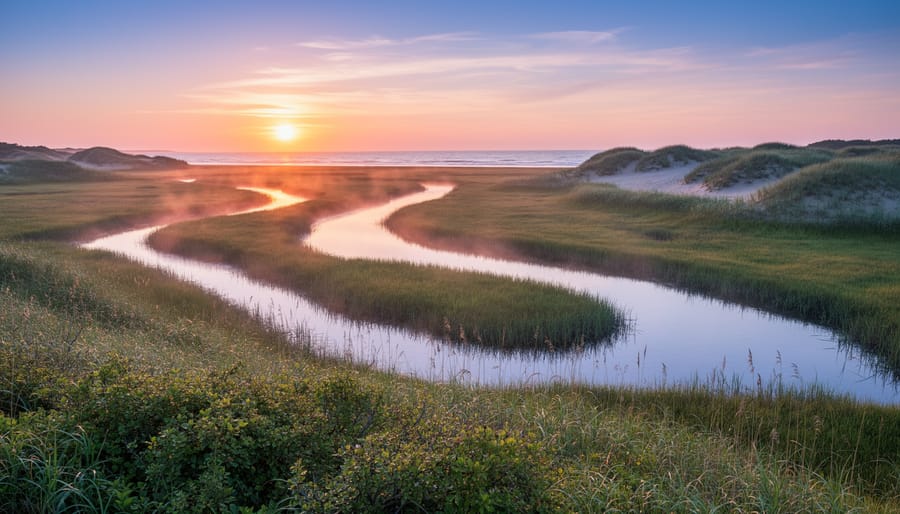 Sunrise over sand dunes and salt marshes at Kouchibouguac National Park with coastal grasses and tidal pools