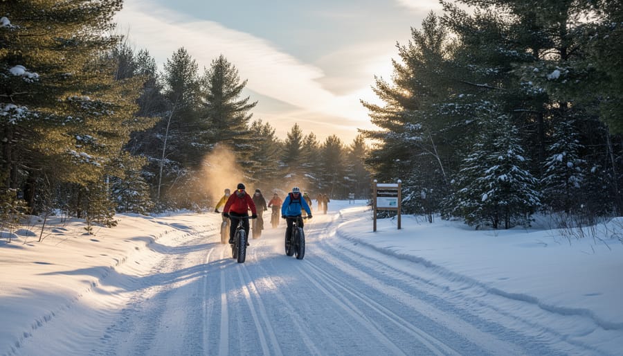 Fat-bike cyclist riding on a snow-covered trail in winter at Kouchibouguac National Park