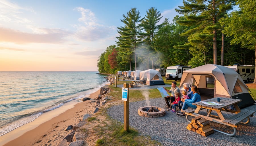 Hikers walking along a sandy shoreline path toward Lake Huron at Bruce Peninsula National Park during golden hour.