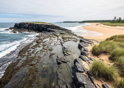 Panoramic coastal landscape in New Brunswick showing Fundy’s rocky tidal shoreline and cliffs next to Kouchibouguac’s sandy dunes and salt-marsh grasses.