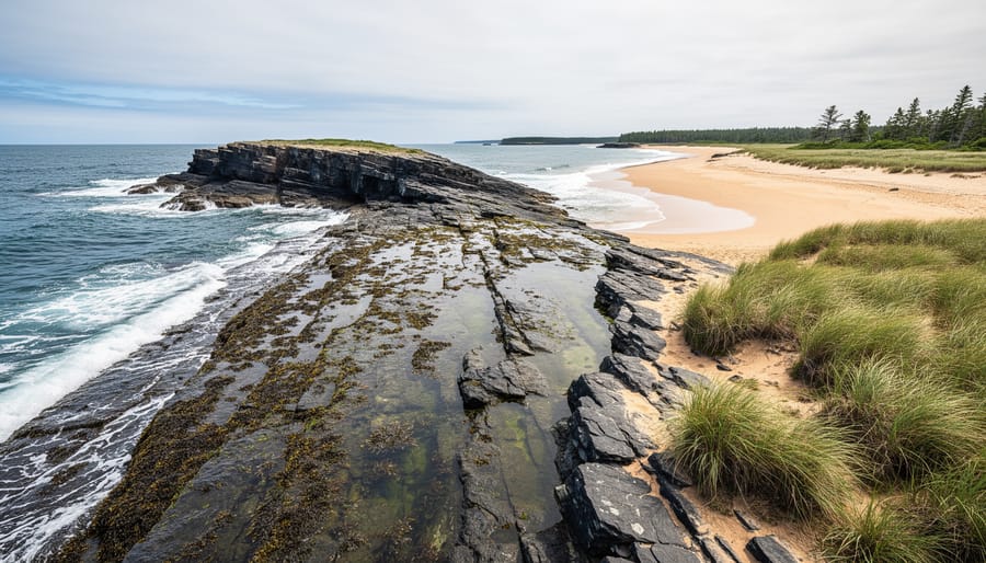 Panoramic coastal landscape in New Brunswick showing Fundy’s rocky tidal shoreline and cliffs next to Kouchibouguac’s sandy dunes and salt-marsh grasses.