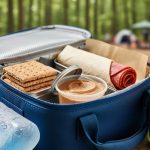 Insulated lunch bag with shelf-stable summer camp foods and an ice pack, photographed outdoors with a blurred forest background.
