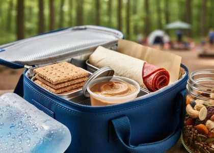 Insulated lunch bag with shelf-stable summer camp foods and an ice pack, photographed outdoors with a blurred forest background.