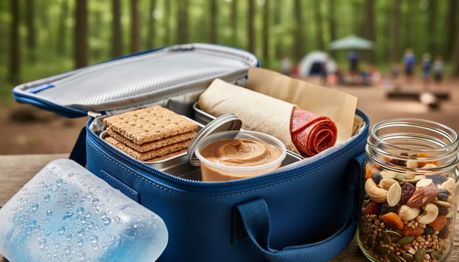 Insulated lunch bag with shelf-stable summer camp foods and an ice pack, photographed outdoors with a blurred forest background.