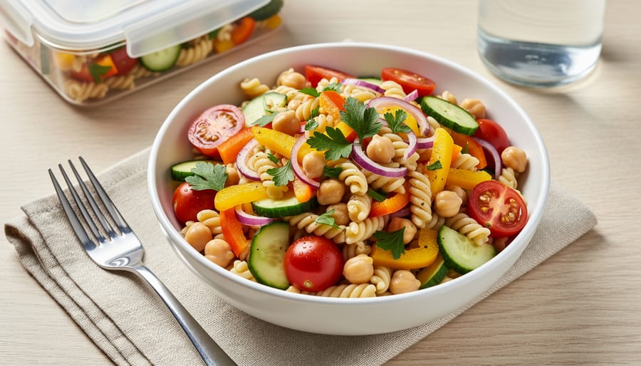 No-mayo pasta salad with chickpeas, olives, and chopped vegetables in a lunch container