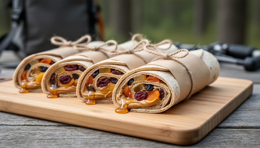Rolled peanut butter and honey tortillas with dried cranberries in a lunch container on a picnic table