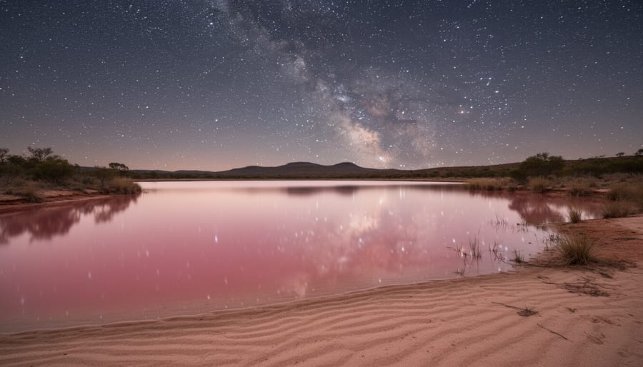 Night view of a pink lake at Port Gregory with starlight reflections and silhouettes of travelers on the shore