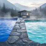 Steaming Radium Hot Springs pools with rocky edges, turquoise and deep blue water, and misty evergreen forest in the background