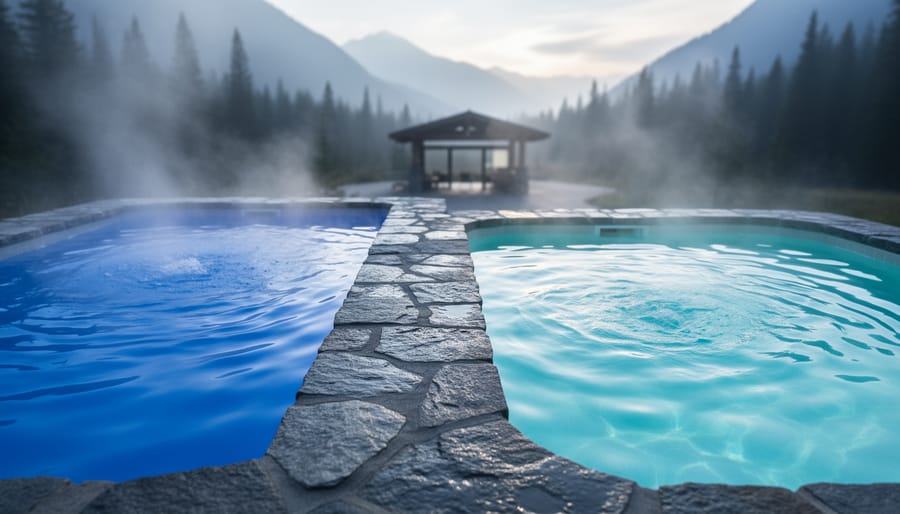 Steaming Radium Hot Springs pools with rocky edges, turquoise and deep blue water, and misty evergreen forest in the background