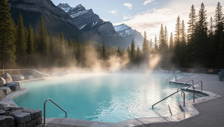 Outdoor view of Radium Hot Springs pool with steam rising over mineral water and natural stone edges