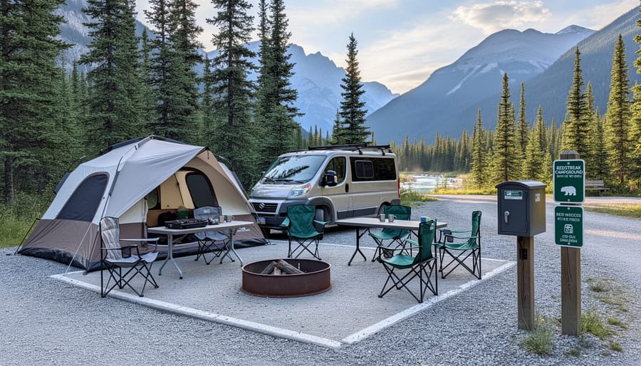 Camper tents and vehicles set up in Redstreak Campground among pine trees