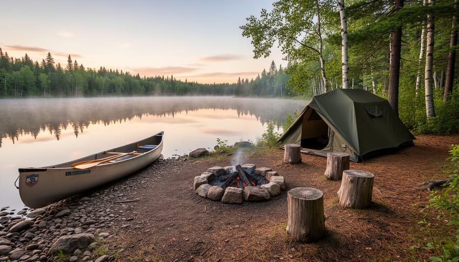 Remote lakeside campsite with a canoe on shore and a fire ring near the water