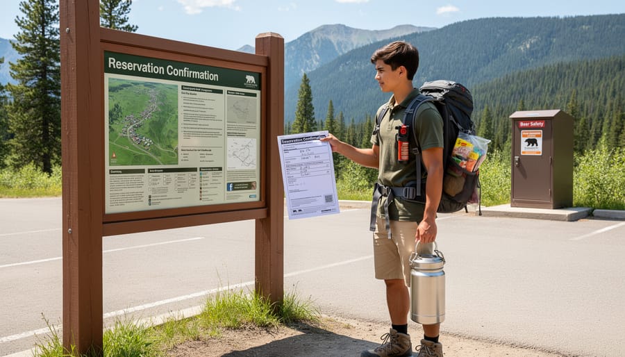 Hands holding a smartphone and camping reservation items next to a bear-proof food container at a campsite.