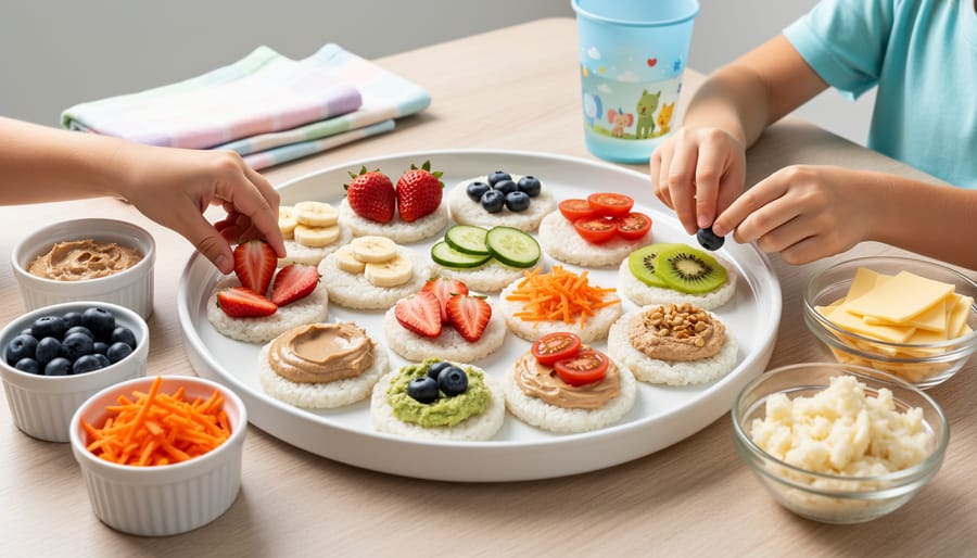 Rice cakes with assorted toppings like nut butter and honey portioned in small cups