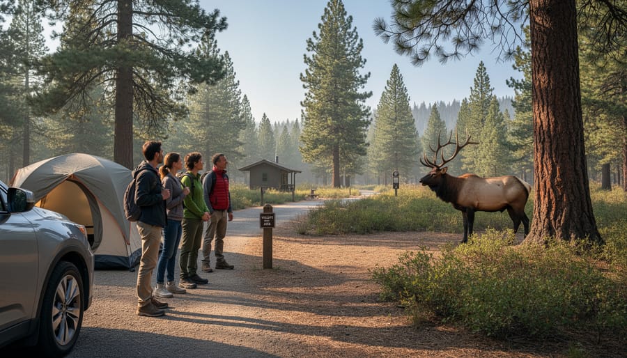 A bison standing near a forest clearing by a campground area from a safe viewing distance