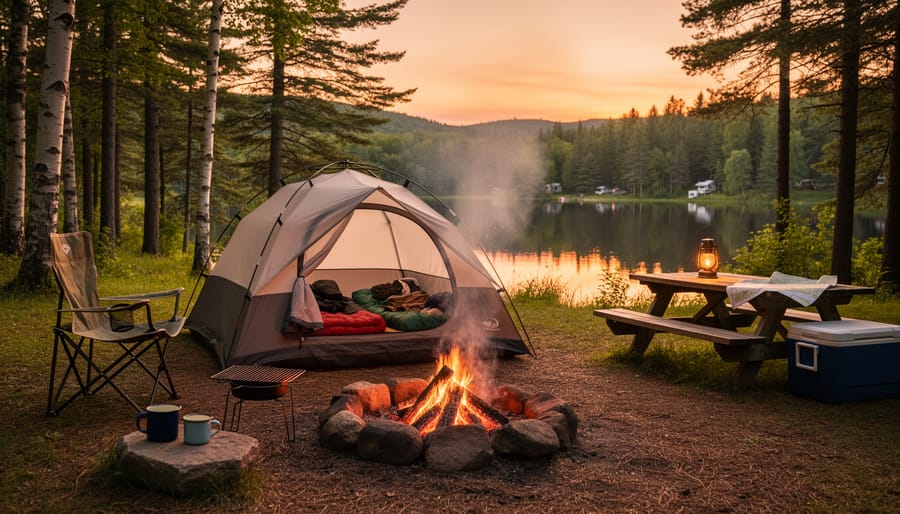 Family setting up a tent at a forest campsite with warm lantern light and pine trees in the background