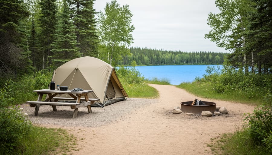 A tent and picnic setup at a Riding Mountain National Park campsite near a forest and lake shoreline.
