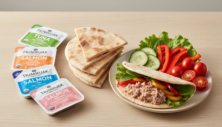 Salmon or tuna pouch meal with pita bread, cherry tomatoes, and cucumber on a picnic table
