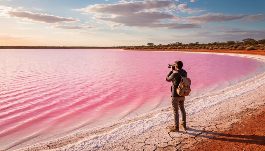 Wide view of a pink lake in Western Australia with a photographer on the shore during golden hour