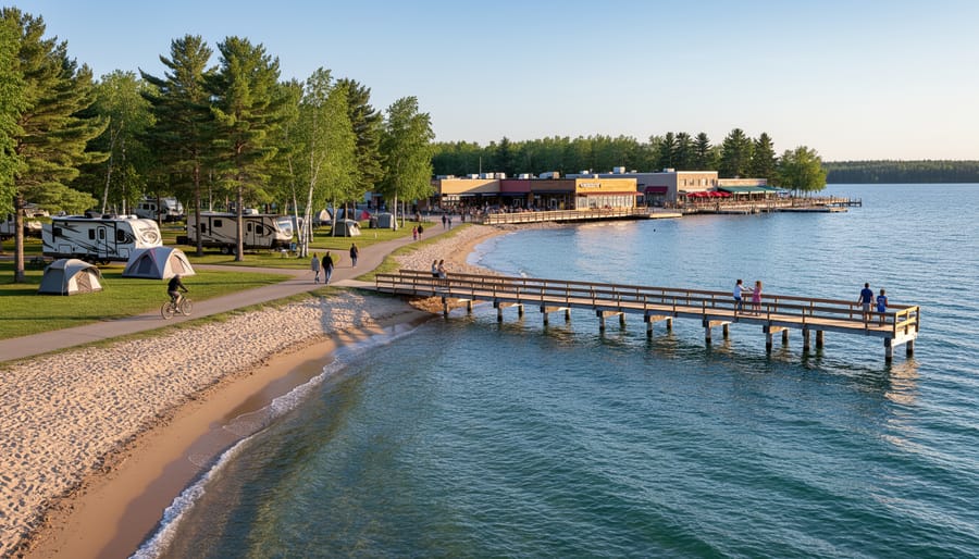 View of a wooden pier and beach shoreline near Wasagaming with people walking in the distance