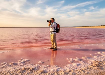 A lone traveler photographing a vivid pink shoreline at Hutt Lagoon, with glowing pink water reflecting golden hour light.