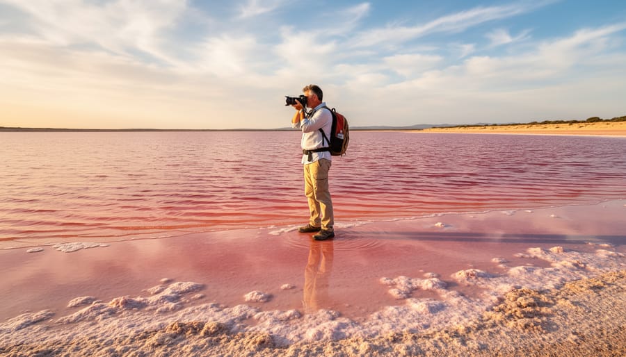 A lone traveler photographing a vivid pink shoreline at Hutt Lagoon, with glowing pink water reflecting golden hour light.