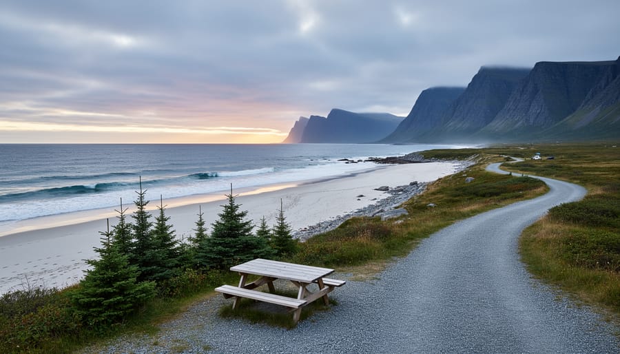 “Dawn coastal view at Gros Morne National Park with ocean waves on a remote white-sand beach and a campground path lined with evergreens toward distant cliffs.”