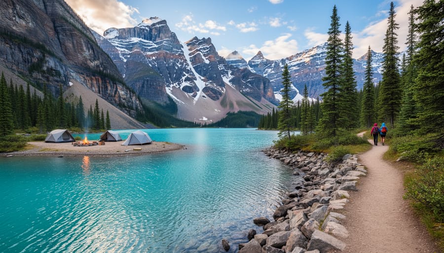 Turquoise lake with tents and Rocky Mountains in Banff National Park