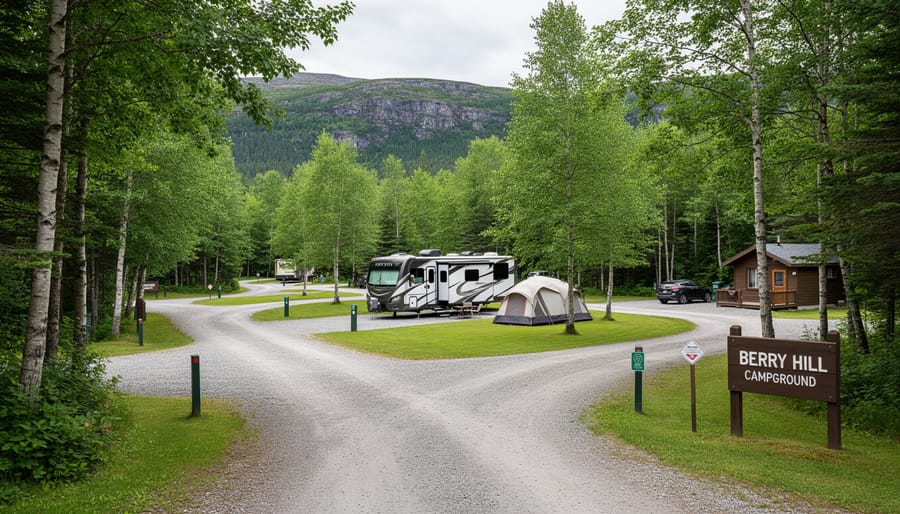 Campsite in a wooded area at Berry Hill Campground near Rocky Harbour
