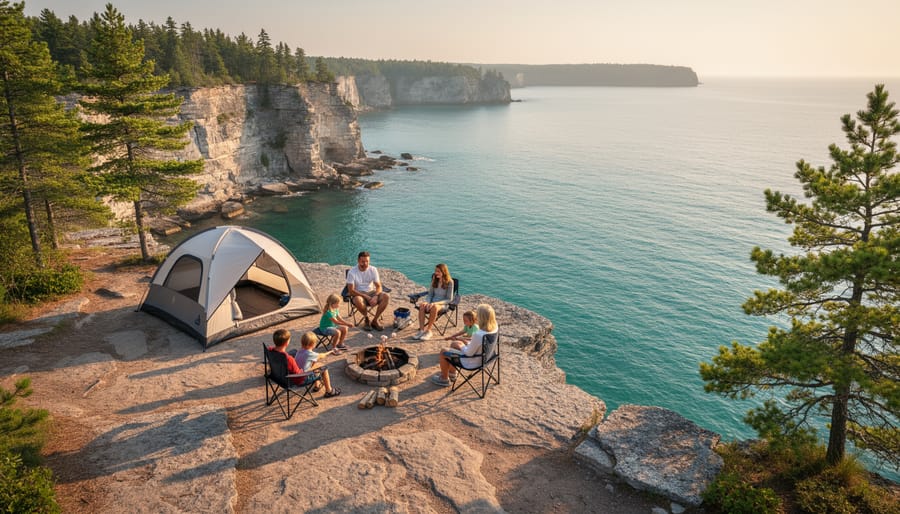 Campsite near a grassy viewpoint overlooking cliffs and Great Lakes water at Bruce Peninsula National Park