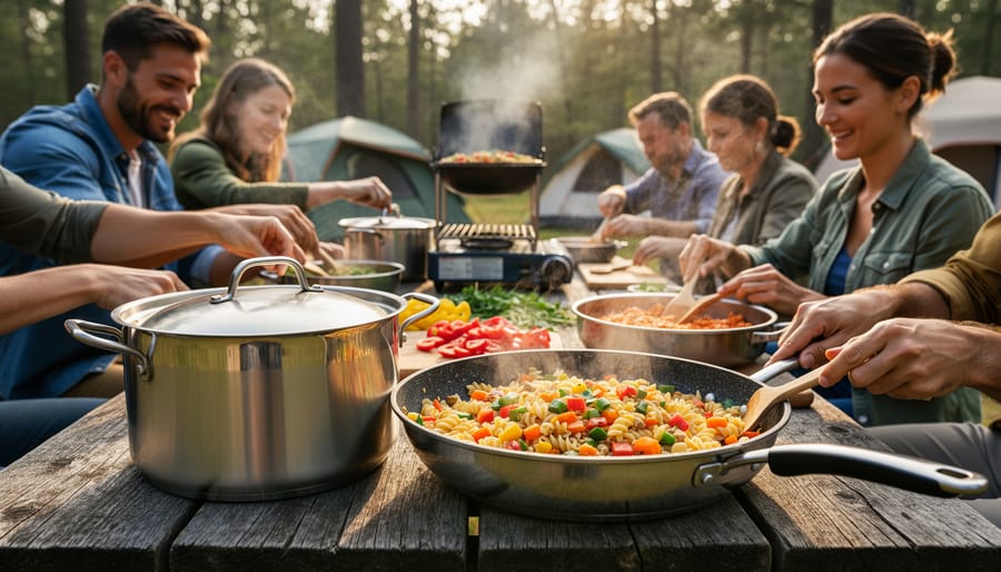 Camping cookware set and utensils arranged on a camp table