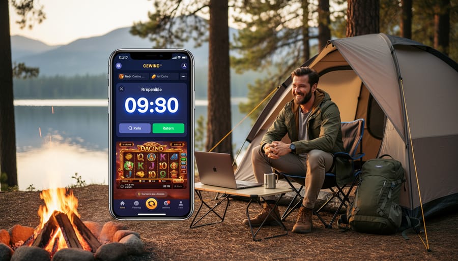Close-up of a camper setting a phone timer while camping to manage screen time responsibly.