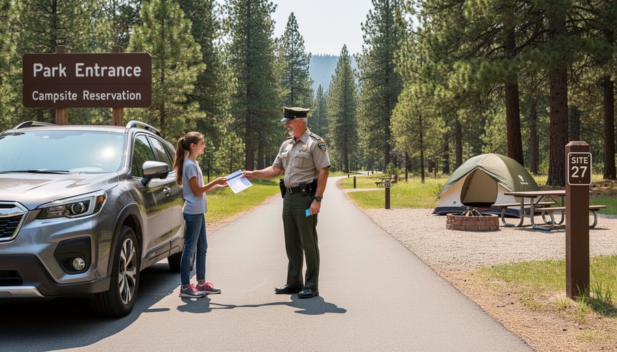 Family near a parked car at an Ontario provincial park campground with tall pine trees in the background