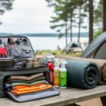 Camping gear for a group trip laid out on a campsite table, with tent and pine forest background.