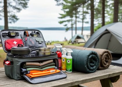 Camping gear for a group trip laid out on a campsite table, with tent and pine forest background.