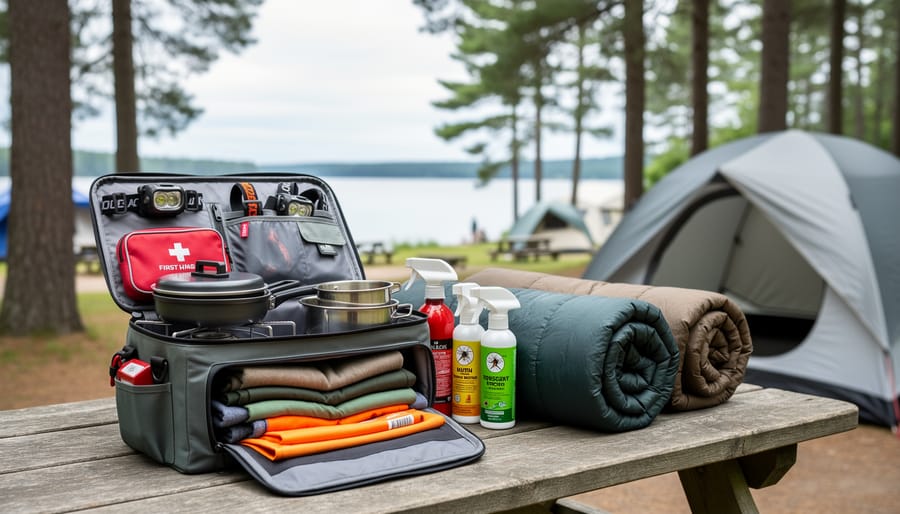 Camping gear for a group trip laid out on a campsite table, with tent and pine forest background.