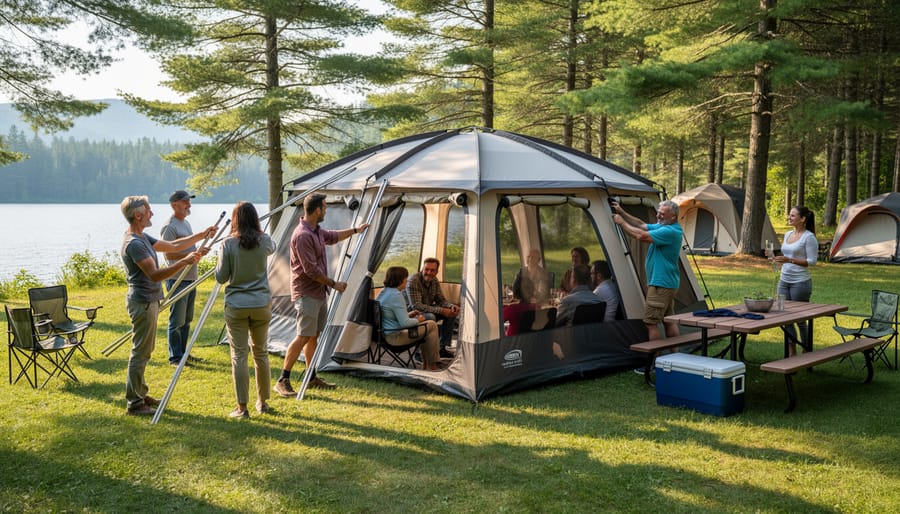 Friends pitching and adjusting multiple tents at a Canadian forest campsite during summer