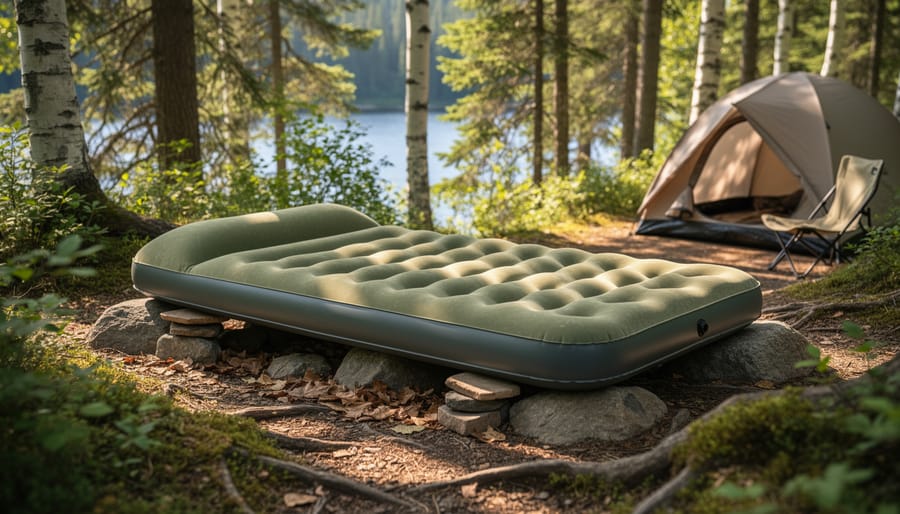 Camping sleeping pad being inflated next to a tent at a forest campsite