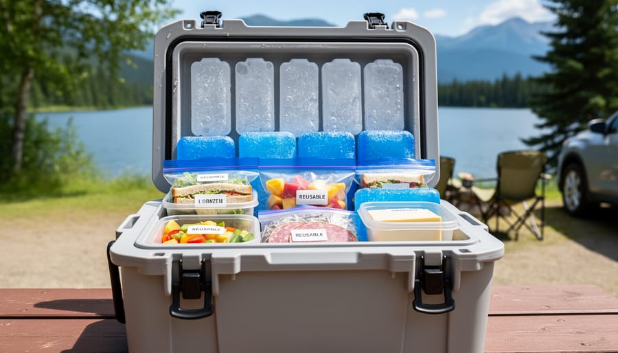 Cooler with ice packs and food containers on a campsite table