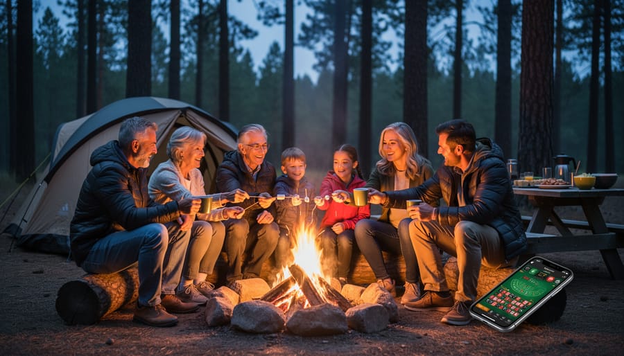Family relaxing by a campfire with one adult using a laptop quietly with headphones in the background.