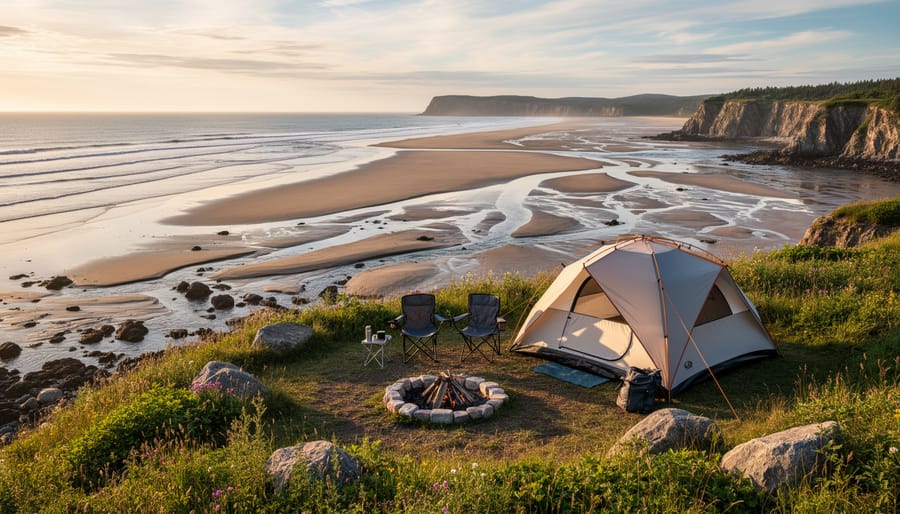 Backpacker near a campsite with tidal flats and rugged coastline in Fundy National Park