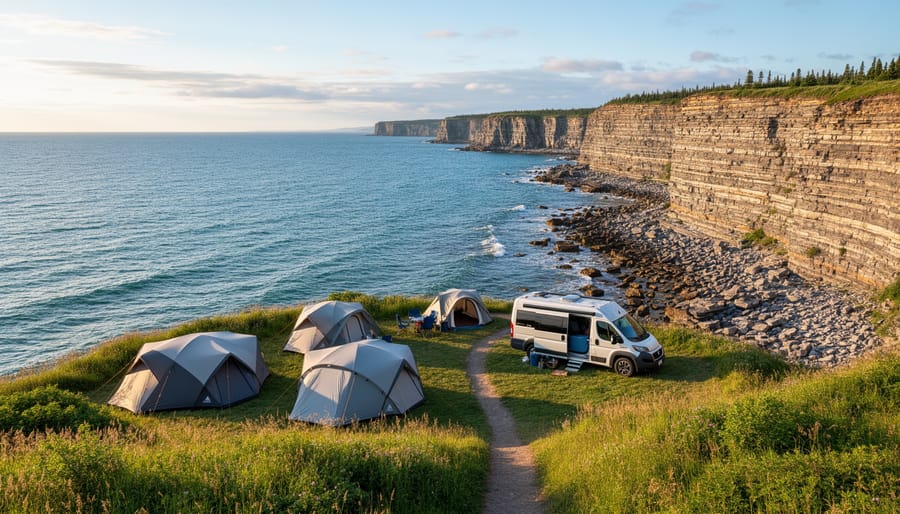 Tent campsite at Green Point with the Gulf of St. Lawrence and rocky cliffs in the background