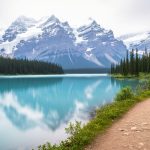 Wide landscape of Canadian national park scenery with mountains, a turquoise lake, spruce forest, and a winding hiking trail under overcast daylight.